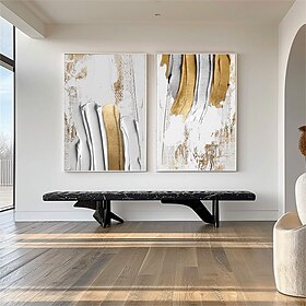conjunto de 2 pinturas a óleo 3d douradas feitas à mão arte de parede conjunto de 2 pinturas artísticas de parede douradas brancas Conjunto de 2 pinturas artís