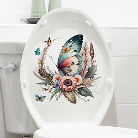 Decalque de vaso sanitário de borboleta com flores florais, adesivos decorativos para armário de água de banheiro, decalque doméstico diy, adesivos de parede d