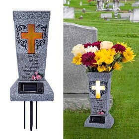 Memorial Solar Vase Stake Cross Lighted Yard Lawn Grave Cemetery Marker Ornament Energy Efficient, Rechargeable, and Weather Resistant Memorial Gravestone Deco