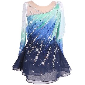 Figure Skating Dress Women's Girls' Ice Skating Dress BlueGreen Black Patchwork Glitter Mesh Spandex High Elasticity Practice Competition Skating Wear Handmade