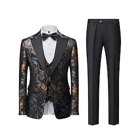 zwart geel rood heren feestgalakostuums met patroon 3-delig glitter standaard pasvorm enkele rij knopen één knoop 2024