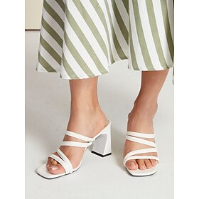 mules femininos com tiras de salto bloco - elegantes sandálias brancas de salto alto