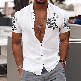 Men's Shirt Summer Shirt Button Down Shirt Black White Wine Navy Blue Short Sleeve Stand Collar Daily Clothing Apparel Fashion Chinese Style Comfortable