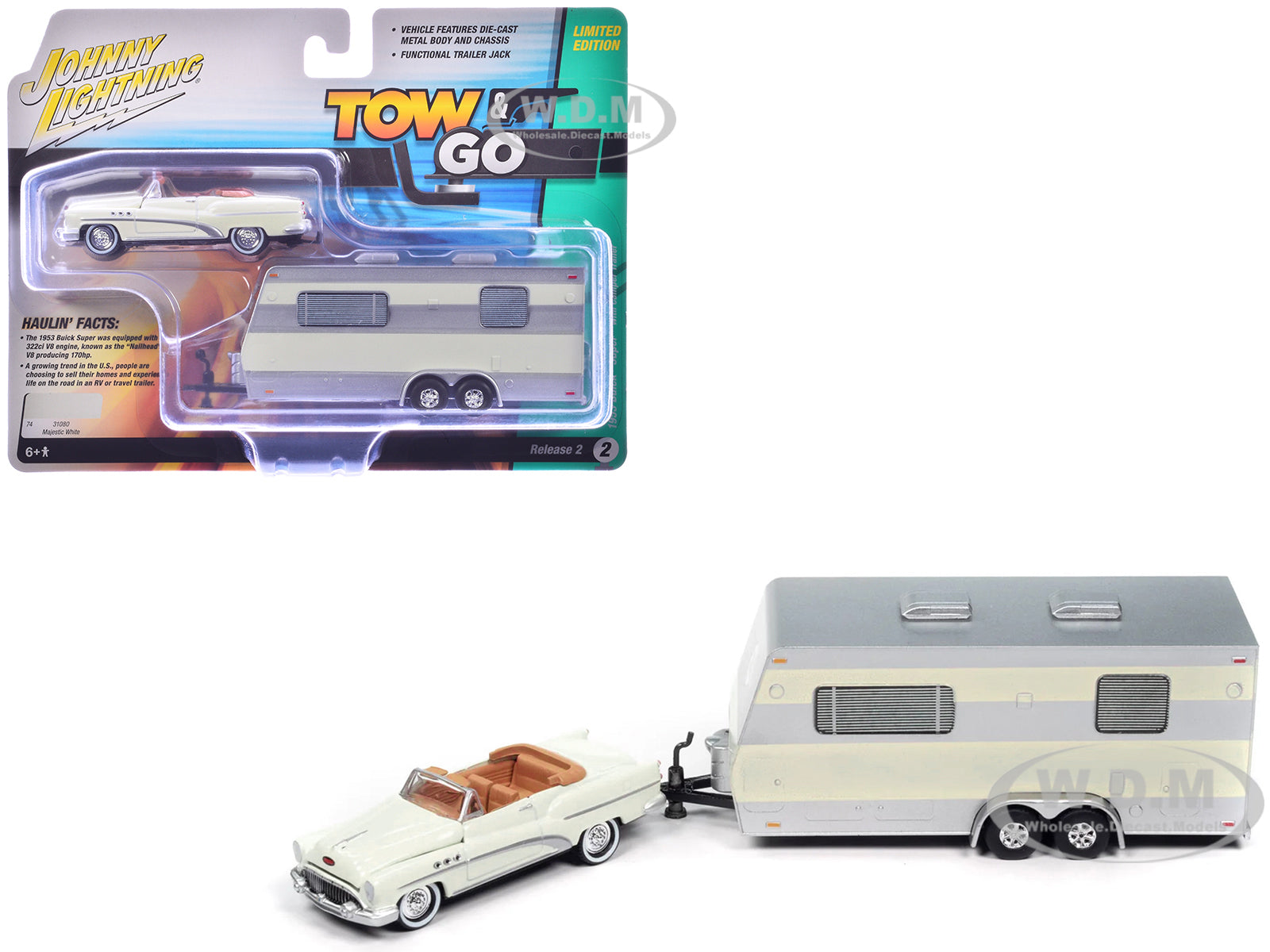 1953 Buick Super Cream with Travel Trailer Limited Edition "Tow &amp; Go" Series 1-64 Diecast Model Car by Johnny Lightning