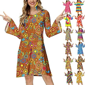 Rétro Vintage Années 70 Disque Robe Hippie Femme Imprimé Mascarade Soirée  Evénement Robe