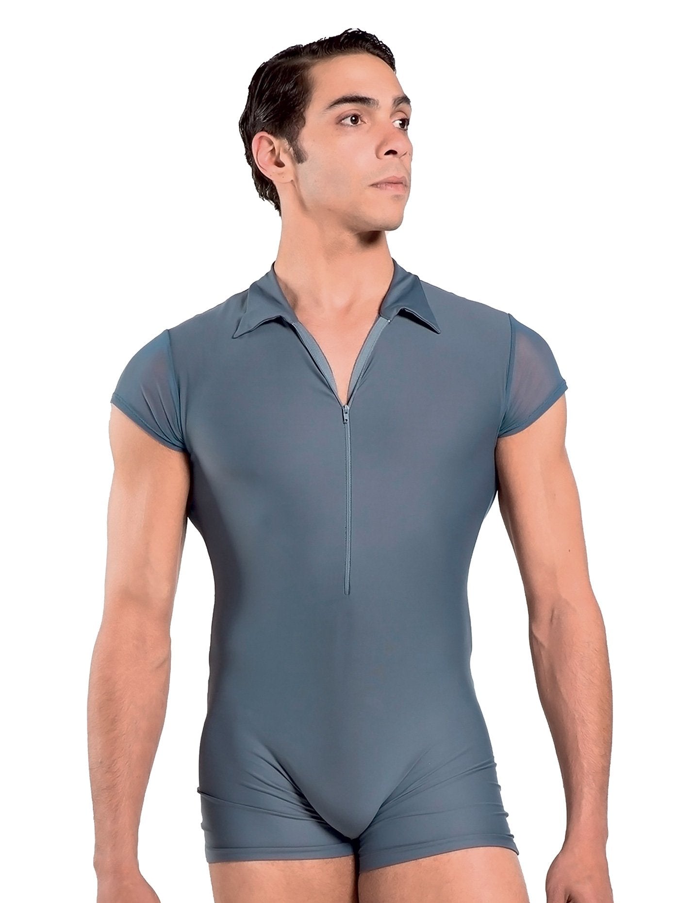 Wear Moi Mens "Romeo" Zip Front Short Sleeve Ballet Biketard Dark Grey M WM260