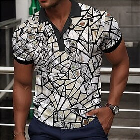 Geométrica Metálica Homens Roupa de Esporte 3D Imprimir Camiseta Polo Formal Trabalho Rua Poliéster Manga Curta Aberto para a Lateral Camisas polo Cinzento Pra
