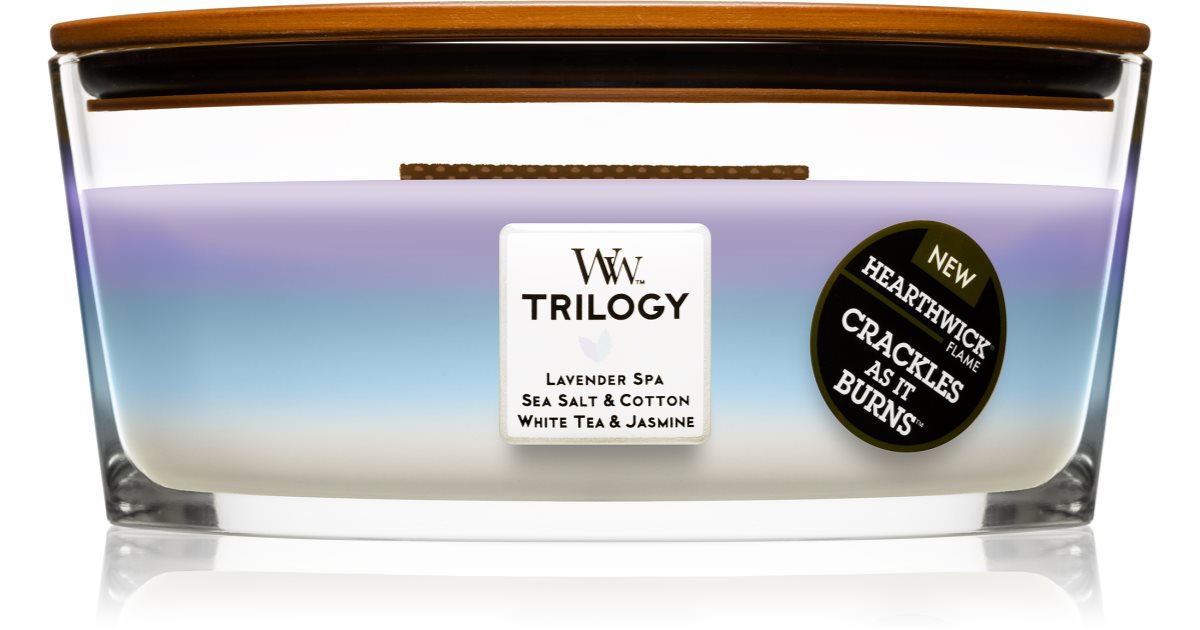 Woodwick Trilogy Calming Retreat duftlys med treveke (hearthwick) 453,6 g