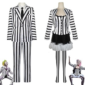 Beetlejuice Beetlejuice Cosplay kostume Dragter Herre Dame Film Cosplay Cosplay Kostume fest Sort - Hvid Sort Halloween Karneval Maskerade Fest Maskerade Frakk