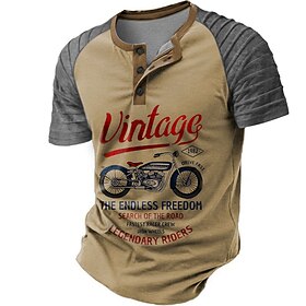 Motocicletas Retro Vintage Homens Impressão 3D Camiseta Festa Rua Camiseta Marron Verde Manga Curta Colar Henley Camisa Verão Primavera Roupa S M L XL XXL XXXL