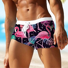 Herre Badeshorts Boxershorts Shorts Lomme Snørelukning Elastisk Talje Blad Flamingo Planter Åndbart Blød Korte Surfing Ferie Strand Mode Designer Sort Mikroela