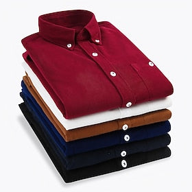 Men's Dress Shirt Button Down Shirt Collared Shirt Corduroy Shirt Wine Sea Blue Black Long Sleeve Plain Turndown Winter Wedding Party Clothing Apparel
