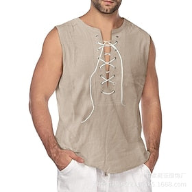 Men's Viking Linen Shirt Pirate Costume Medieval Renaissance Gothic Victorian Vest Sleeveless Steampunk Festival Tank Top Halloween Carnival Beach