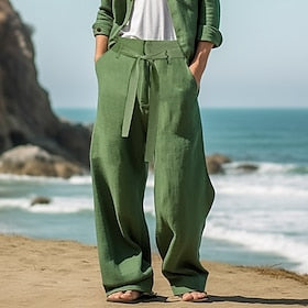 Homens Calças de linho Calças Calça verão Com Cordão Cintura elástica Perna reta Tecido Conforto Respirável Comprimento total Ao ar livre Diário Praia Moda Rou