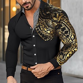 Men's Shirt Button Up Shirt Casual Shirt Black White Wine Long Sleeve Bronzing Lapel Spring   Fall Office  Career Wedding Party Clothing Apparel Patchwork