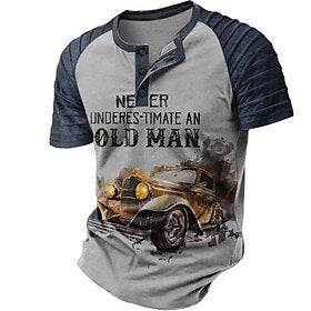 Carro Velhote Retro Vintage Homens Impressão 3D Camiseta Festa Rua Camiseta Azul Marinha Azul Marron Manga Curta Colar Henley Camisa Verão Primavera Roupa S M