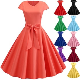 Rétro Vintage 1950s Une robe de ligne Rockabilly Robe trapèze Robe évasée Femme Noeud Plein Col V Mascarade Soirée Cocktail Fête du thé Casual Quotidien Robe