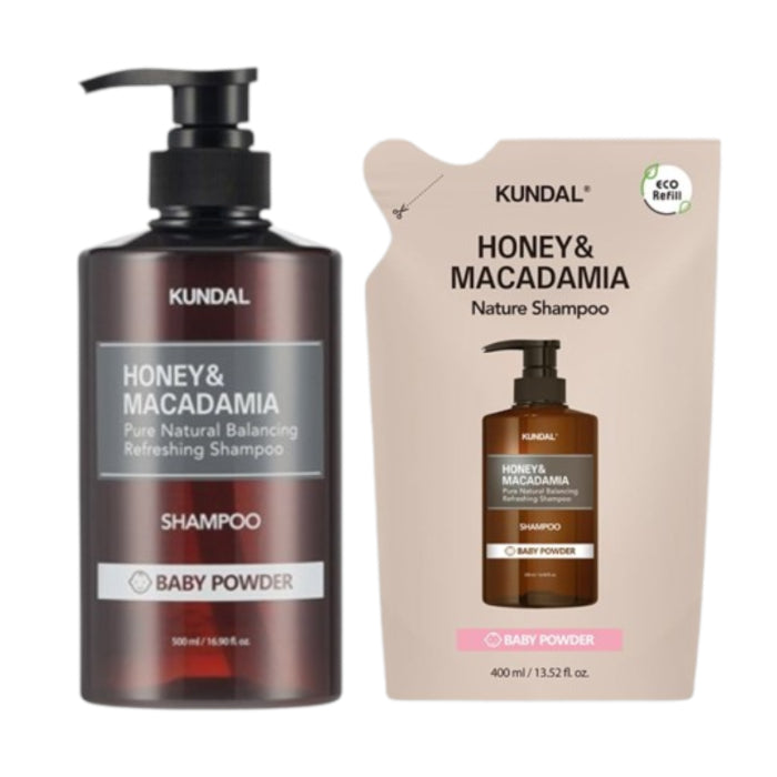 KUNDAL - Honey & Macadamia Nature Shampoo - 500ml + Refill Pack 400lml Set - Baby Powder