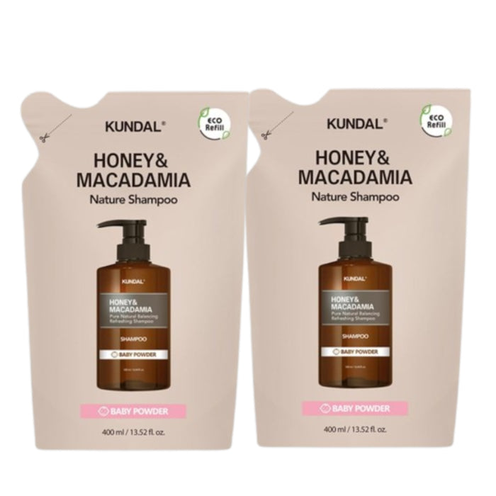 KUNDAL - Honey & Macadamia Nature Shampoo - Refill Pack - 400ml DUO Set - Baby Powder