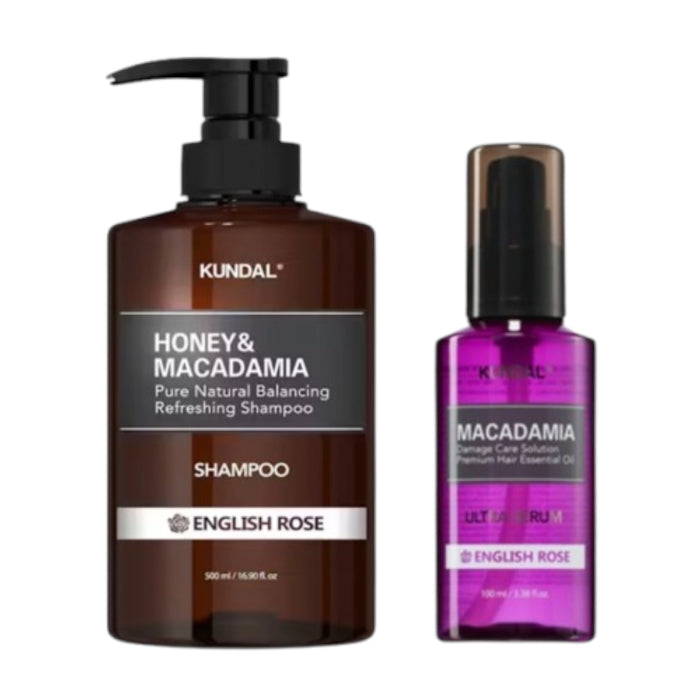 KUNDAL - Honey & Macadamia Nature Shampoo - 500ml + Hair Serum - 100ml Set - English Rose