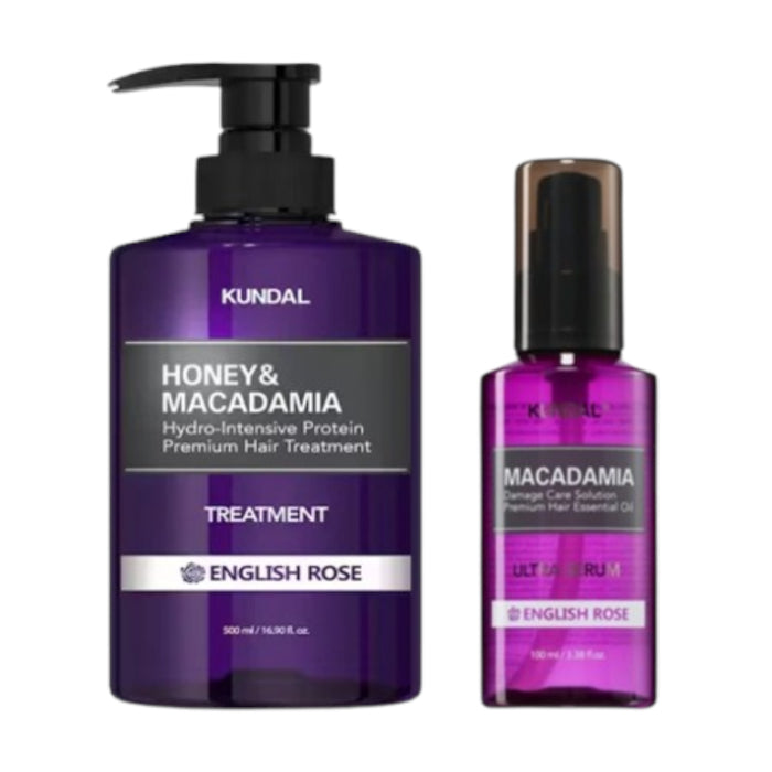KUNDAL - Honey & Macadamia Protein Hair Treatment - 500ml + Hair Serum - 100ml Set - English Rose