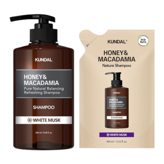 KUNDAL - Honey & Macadamia Nature Shampoo - 500ml + Refill Pack 400lml Set - White Musk
