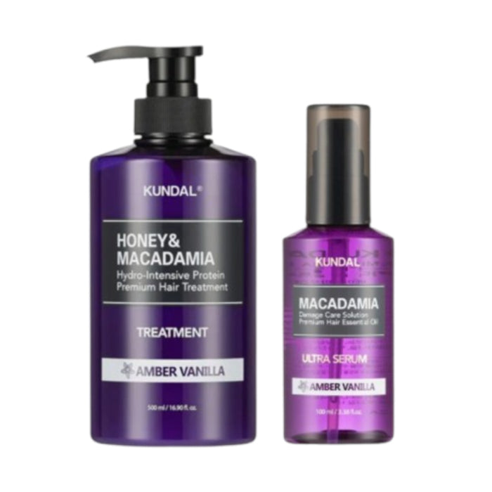 KUNDAL - Honey & Macadamia Protein Hair Treatment - 500ml + Hair Serum - 100ml Set - Amber Vanilla