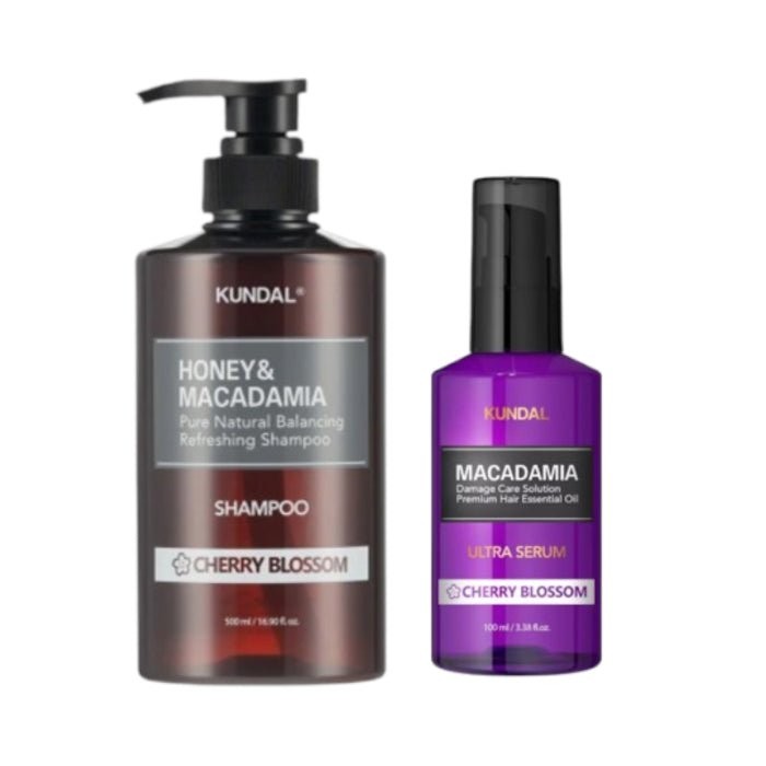 KUNDAL - Honey & Macadamia Nature Shampoo - 500ml + Hair Serum - 100ml Set - Cherry Blossom
