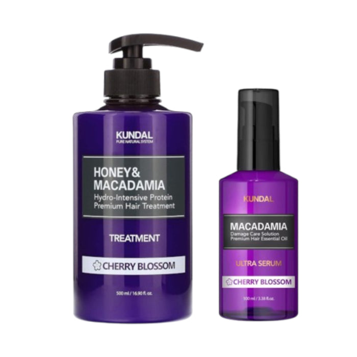 KUNDAL - Honey & Macadamia Protein Hair Treatment - 500ml + Hair Serum - 100ml Set - Cherry Blossom