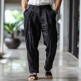 Homens Calças de linho Calças Calça verão Calça Cenoura Pregueado Tecido Conforto Respirável Comprimento total Casual Diário Feriado Moda Roupa de rua Preto