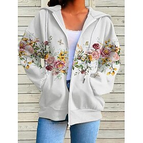 Dame Overstørelse Zip Up Hoodie Sweatshirt Blomstret Afslappet Ferie Snørelukning Lynlås op Frontlomme Sort Gul Rød Årgang Sport Gade Hættetrøje Langærmet Top