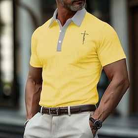 Word - Phrase Men's Casual Print Polo Shirt Waffle Polo Shirt Outdoor Street Casual Waffle Fabric Short Sleeve Turndown Polo Shirts Yellow Blue Summer Spring S