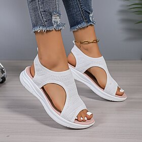 sandales plates pour femmes chaussures flyknit peep toe extérieur plage vacances marche blanc kaki