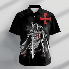 Cruz dos Templários Casual Homens Camisa Social Feriado Verão Aberto para a Lateral Manga Curta Preto S, M, L Poliéster Camisa