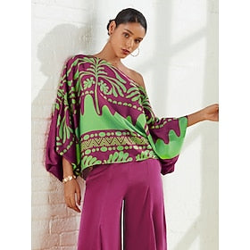 Mulheres Plantas Geométrico Encontro Férias Casual - Diário Manga Princesa Azul Vermelho Rosa Estilo Floral Manga Longa Assimétrico Primavera  Outono