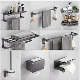 badkameraccessoireset, badkamerhardware ruimte aluminium wandgemonteerd pistoolgrijs handdoekenrek - hoekplank - badjashaak - toiletrolhouder - handdoekstang -