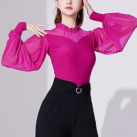 Ballroom Dance Activewear Top Printing Pure Color Splicing Women's Performance Training Long Sleeve High Polyester