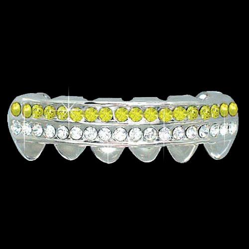 YELLOW - CLEAR Double Bar SILVER Iced Out Grillz Hip Hop Bling Grills BOTTOM