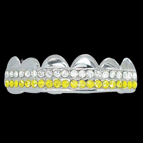 YELLOW - CLEAR Double Bar SILVER Iced Out Grillz Hip Hop Bling Grills TOP