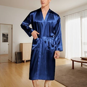 Men's Pajamas Silk Robe Sleepwear Bath Gown Plain Fashion Stylish Classic Home Daily Bed Polyester Comfort Soft V Neck Long Sleeve Belt Included Summer Spring