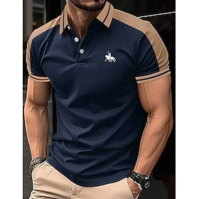 Men's Polo Shirt Button Up Polos Casual Holiday Lapel Short Sleeve Fashion Basic Color Block Patchwork Embroidered Summer Regular Fit Black Wine Navy Blue Gree