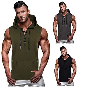 Men's Running Tank Top Workout Tank Pocket Hooded Sleeveless Hoodie Cotton Comfort Breathable Moisture Wicking Fitness Gym Workout Exercise  Fitness Sportswear