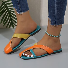 Pantoufles plates pour femmes, diapositives bloc de couleur, légères à enfiler, bout fermé, diapositives de bord de mer, demi-diapositives de plage, vert léopa