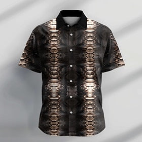 Imitação de Couro de Cobra Escuro Homens Camisa Social Diário Feriado Verão Aberto para a Lateral Manga Curta Preto, Marron S, M, L Poliéster Camisa