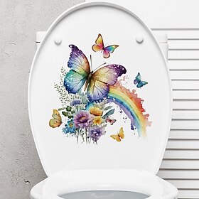 Decalque de vaso sanitário de borboleta com flores de arco-íris, adesivos decorativos para armário de água de banheiro, decalque doméstico diy, adesivos de par