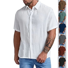 Men's Summer Shirt Button Up Shirt Casual Shirt Beach Shirt Black White Wine Brown Green Short Sleeve Plain Lapel Hawaiian Holiday Button-Down Clothing Apparel