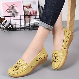 Mulheres Mocassins Mocassins Clássicos Ao ar livre Escritório Diário Verão Sem Salto Ponta Redonda Vintage Básico Caminhada Couro Ecológico Mocassim Amarelo Cl