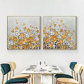 Conjunto de 2 facas de paleta de flores brancas douradas pintura acrílica 3d texturizada abstrata grande pintura original emoldurada arte de parede estética de