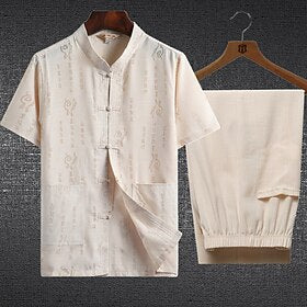 Homens Ternos-Camiseta Conjuntos de camisa e calça Roupas de 2 peças caractere chinês Colarinho Clerical Roupa Diária Férias Manga Curta 2 Peças Roupa Linho Mo