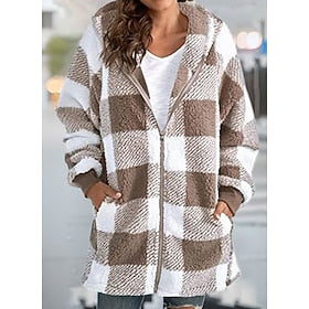 Dame Overstørelse Zip Up Hoodie Sweatshirt Ternet Gade Afslappet Lynlås op Frontlomme Sort Rød Blå Årgang Sport Basale Hættetrøje Langærmet Top Mikroelastisk E